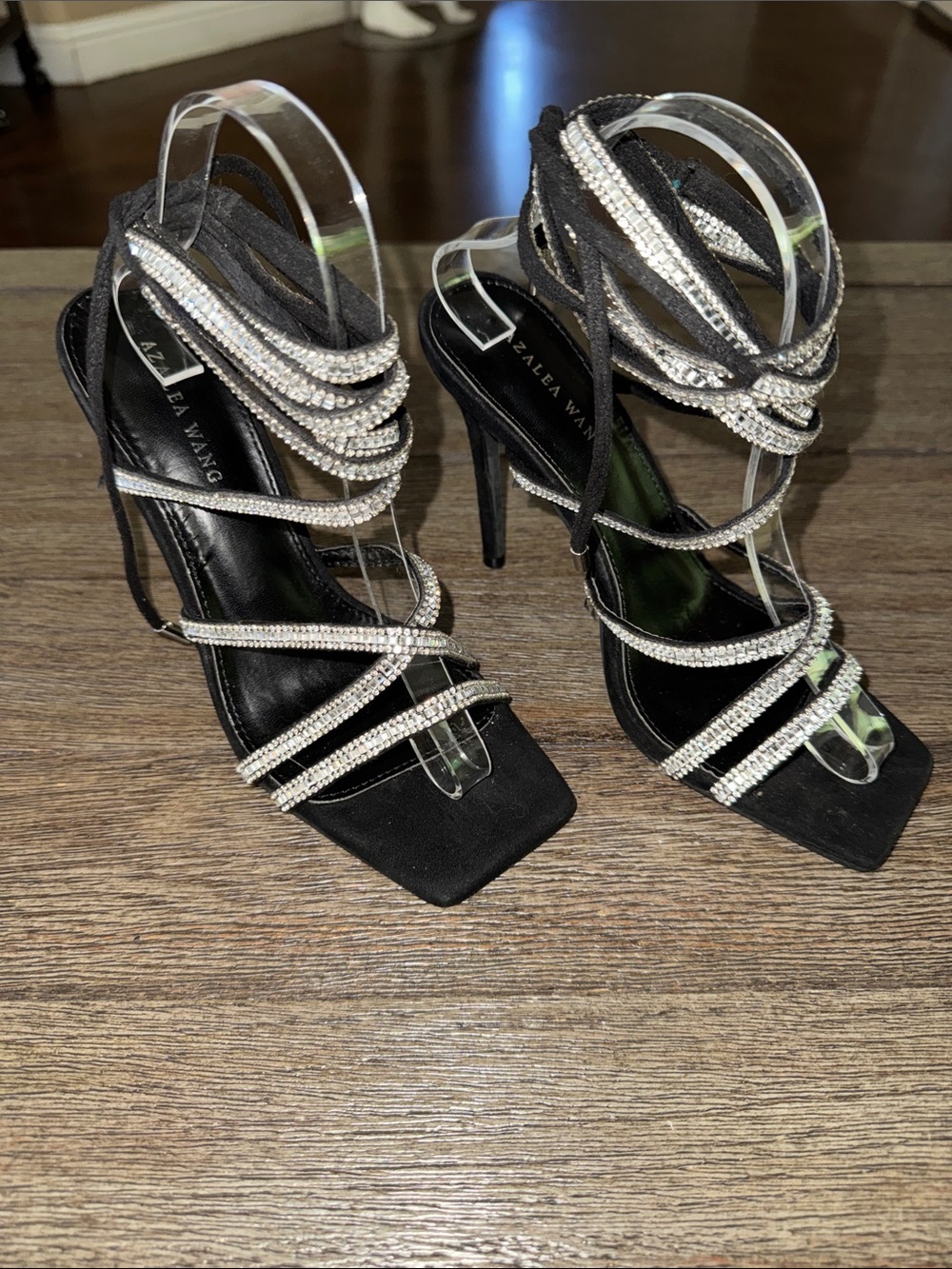 Azalea Wang Lunarlight Lace Up Calf High Bling Sandal Heels Black